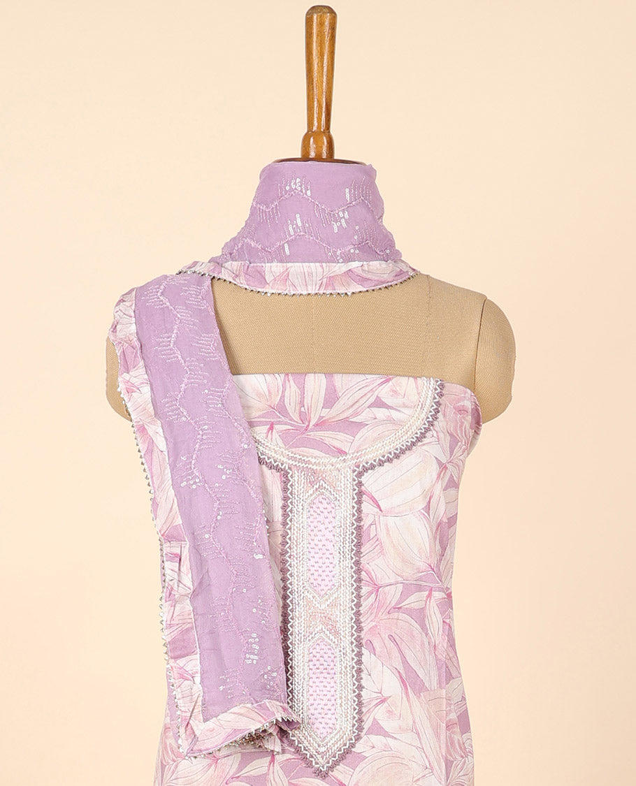 Lavender material chudidhar set, floral print & embroidered top, plain bottom & sequins embroidered dupatta