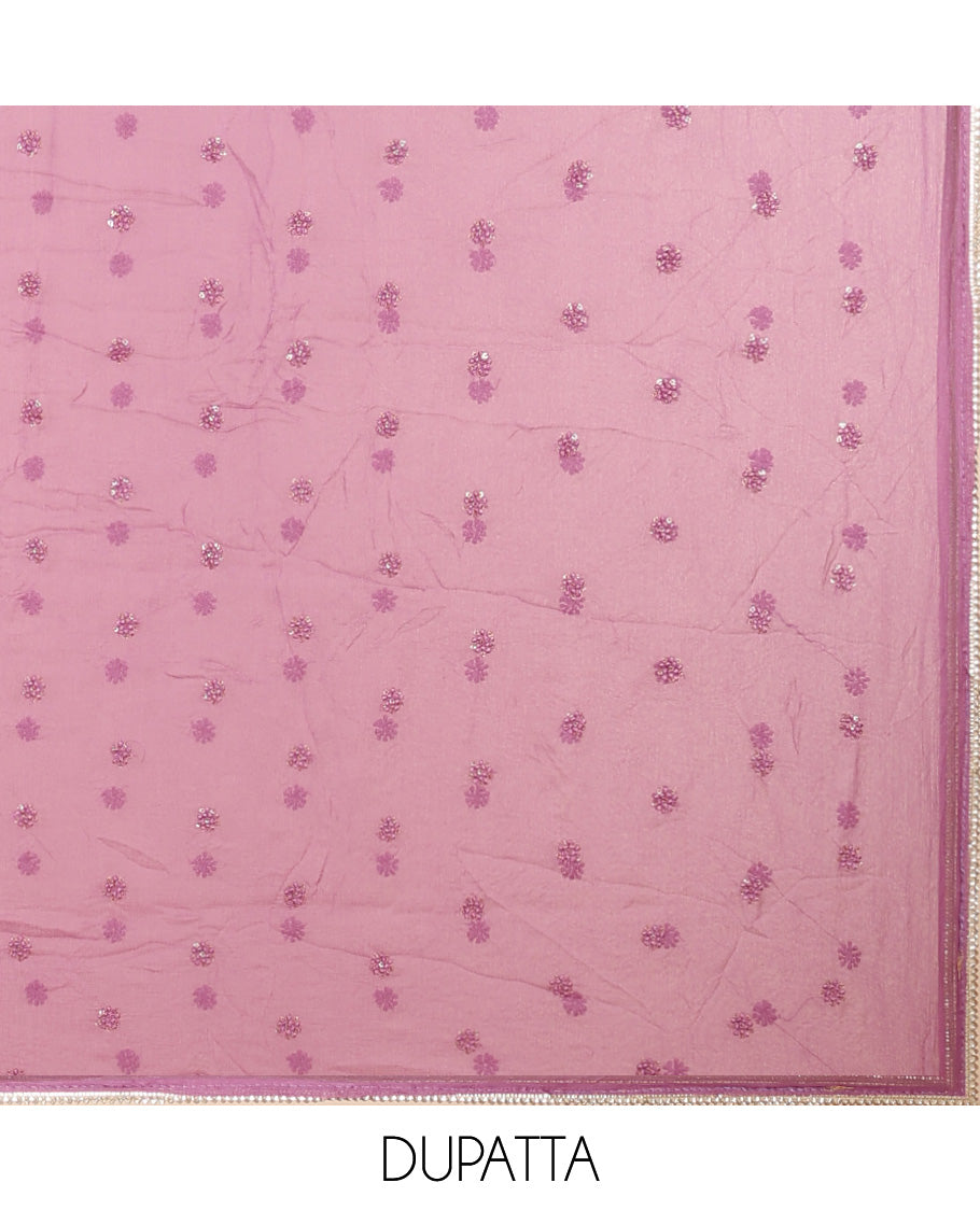 Lavender material chudidhar set, floral print & embroidered top, plain bottom & sequins embroidered dupatta