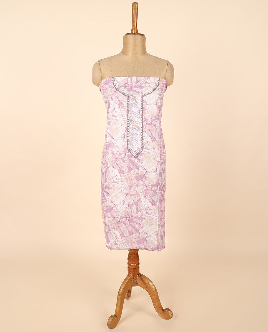 Lavender material chudidhar set, floral print & embroidered top, plain bottom & sequins embroidered dupatta