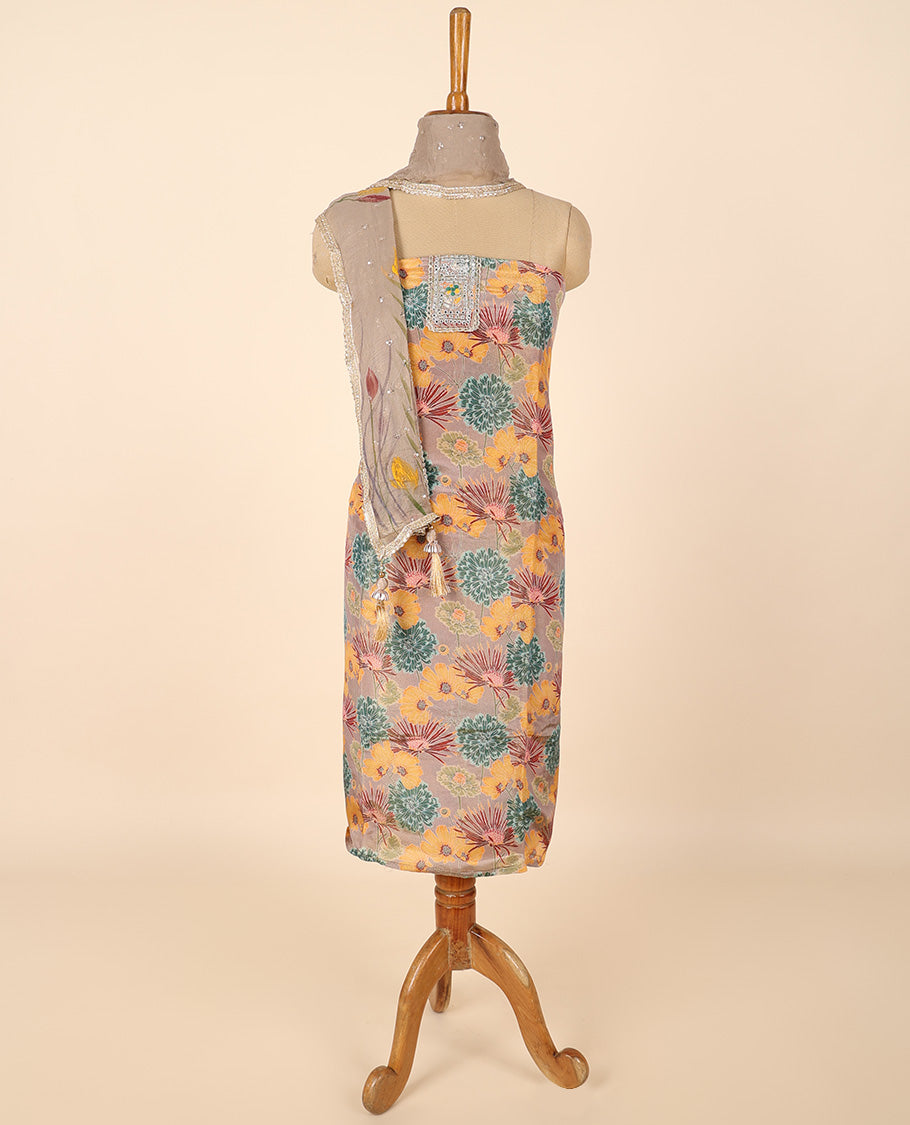 Pale brown material chudidhar set, floral print & embroidery top, plain bottom & floral print & embroidered dupatta