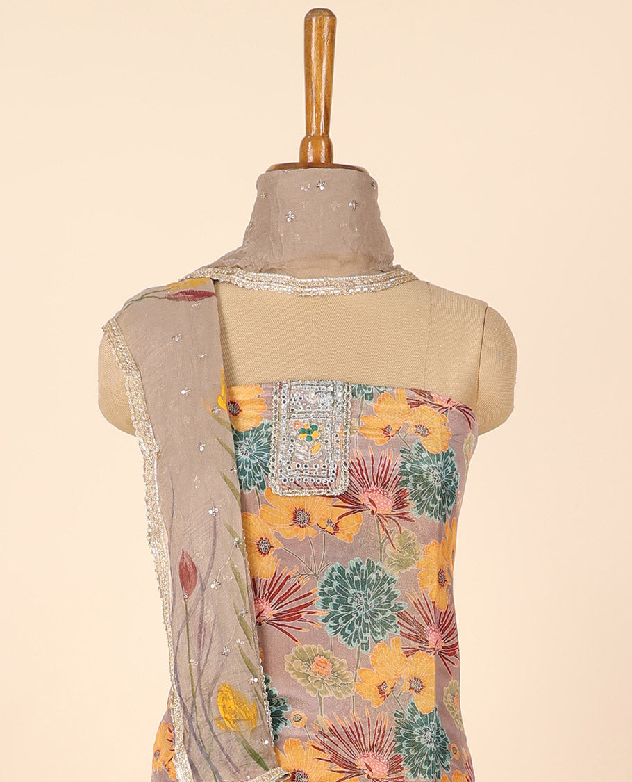 Pale brown material chudidhar set, floral print & embroidery top, plain bottom & floral print & embroidered dupatta