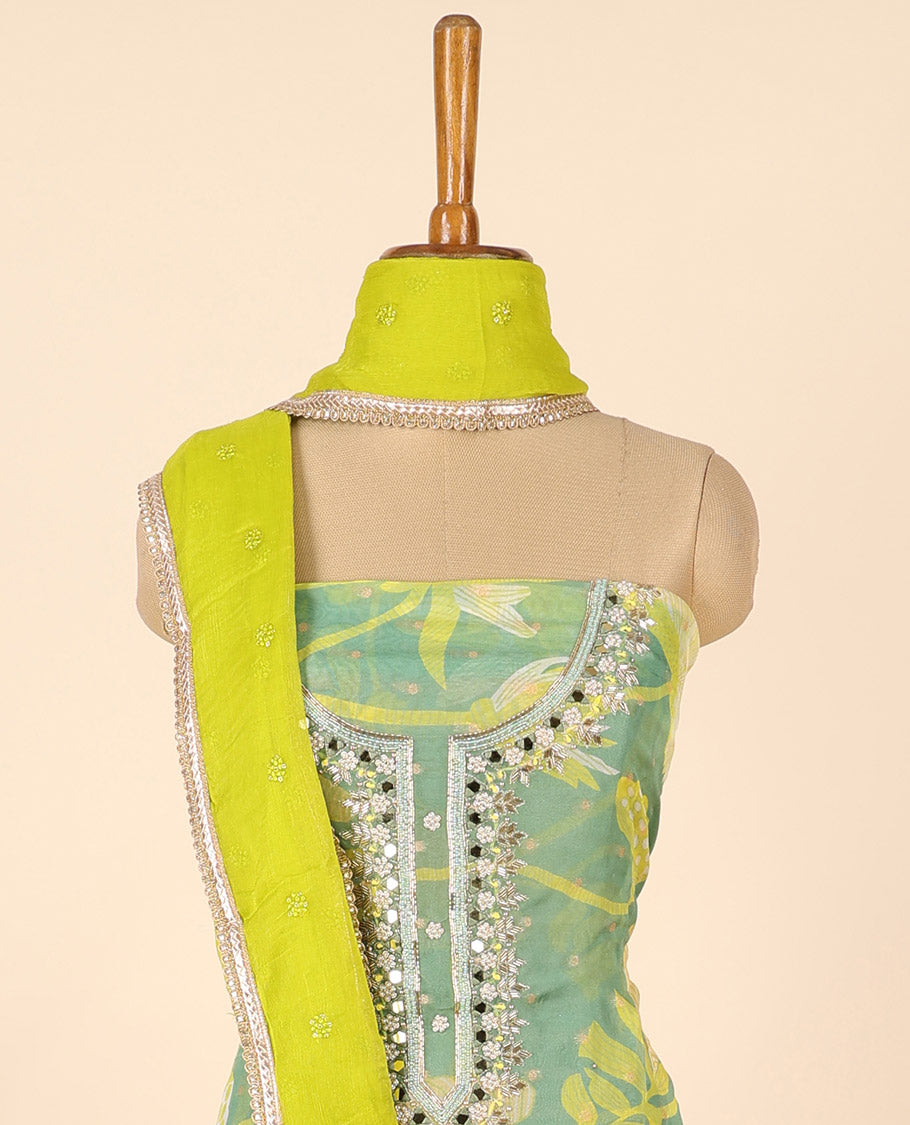 Green material chudidhar set, floral print & embroidered top, plain bottom & embroidered dupatta