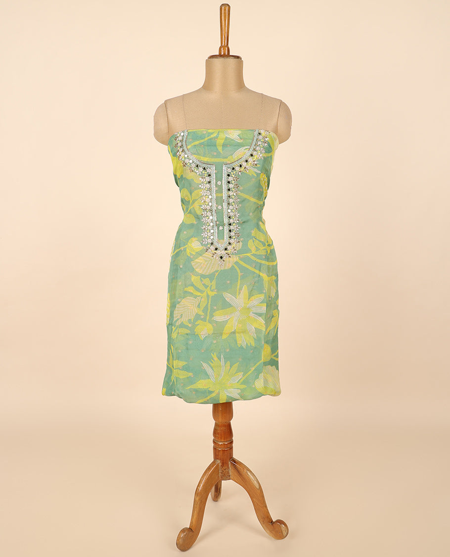 Green material chudidhar set, floral print & embroidered top, plain bottom & embroidered dupatta