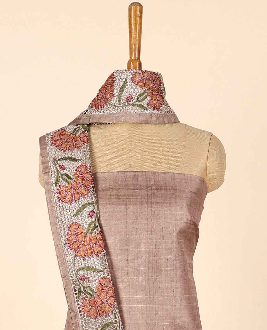 Brown material chudidhar set, cut floral creeper embroidered top, floral vine printed & cut floral embroidered dupatta