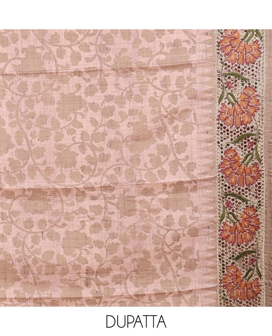 Brown material chudidhar set, cut floral creeper embroidered top, floral vine printed & cut floral embroidered dupatta