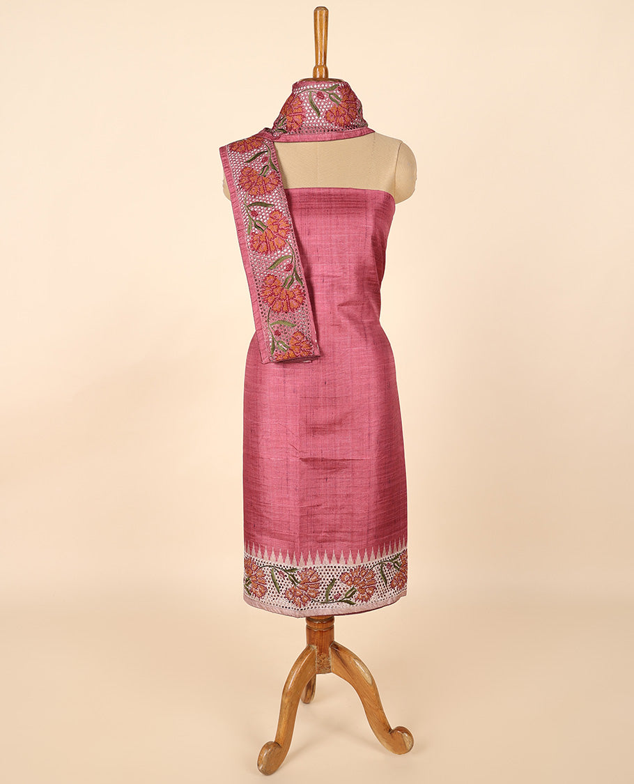 Pink material chudidhar set, cut floral creeper embroidered top, floral vine printed & cut floral embroidered dupatta