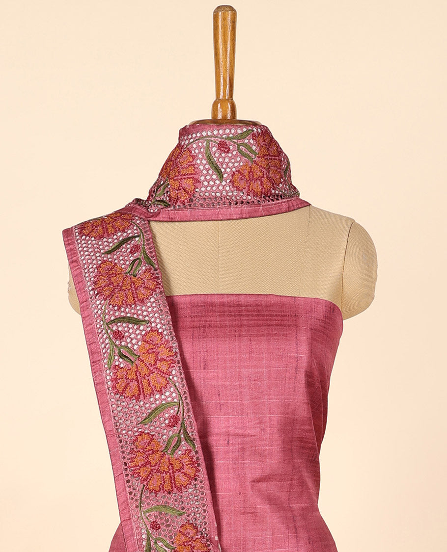 Pink material chudidhar set, cut floral creeper embroidered top, floral vine printed & cut floral embroidered dupatta