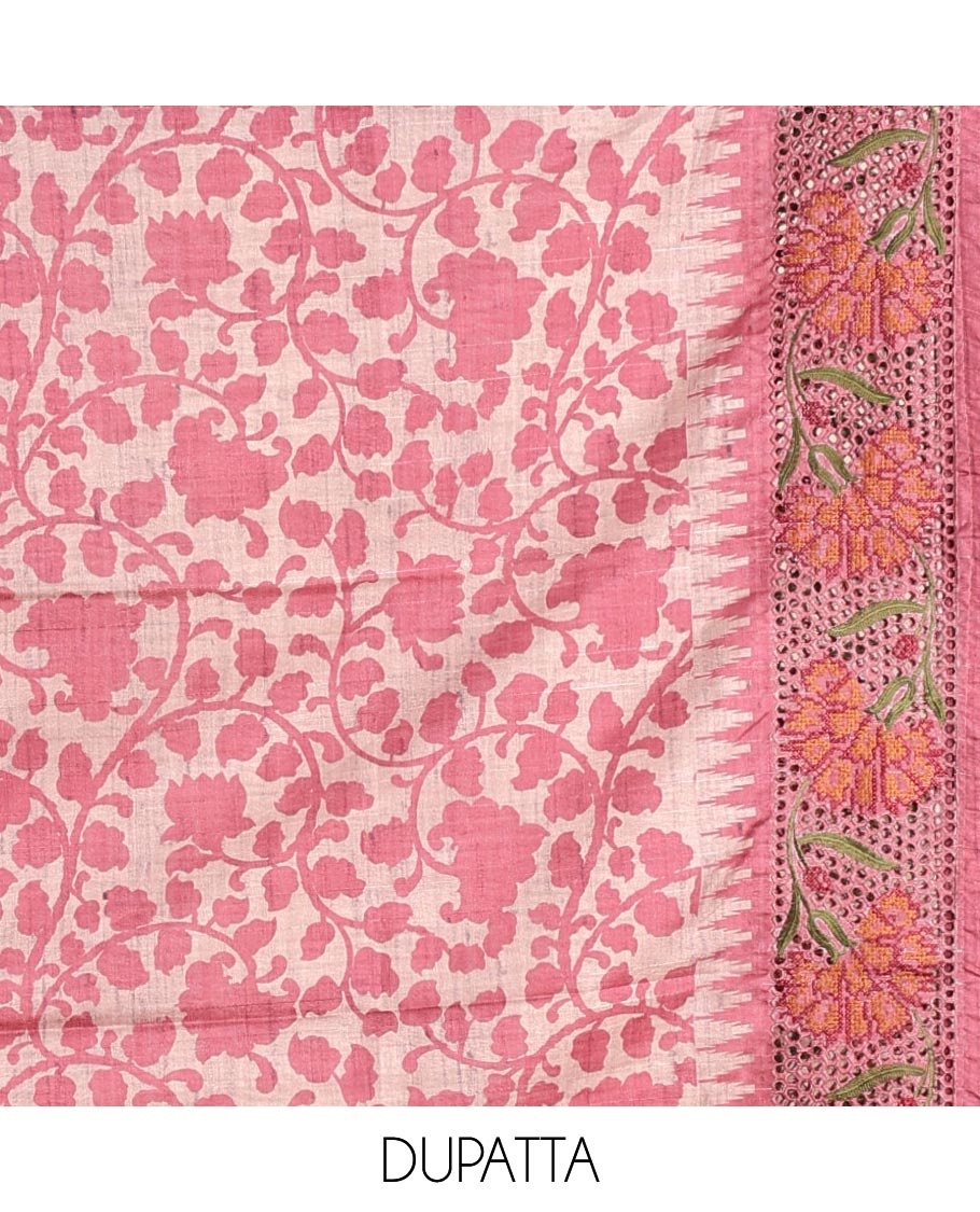 Pink material chudidhar set, cut floral creeper embroidered top, floral vine printed & cut floral embroidered dupatta
