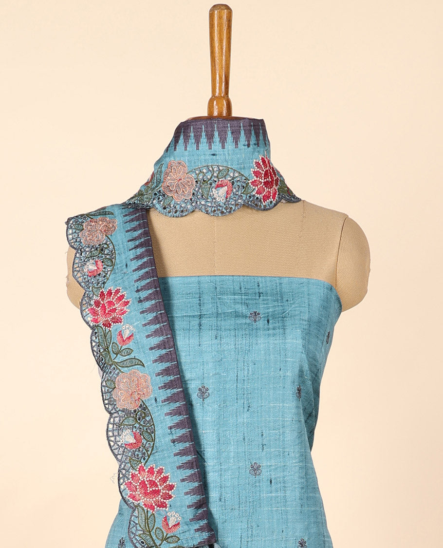 Blue buttas chudidhar material set, plain bottom & cut embroidery dupatta