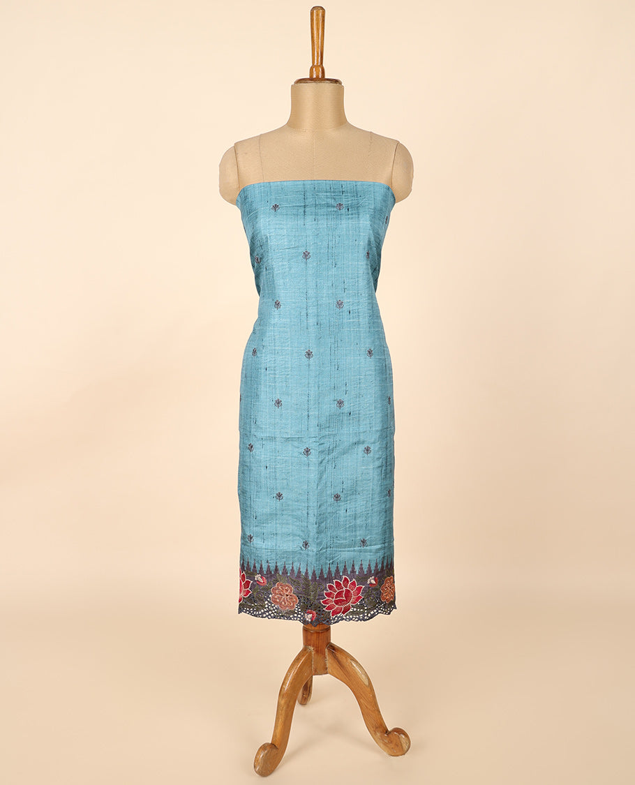 Blue buttas chudidhar material set, plain bottom & cut embroidery dupatta