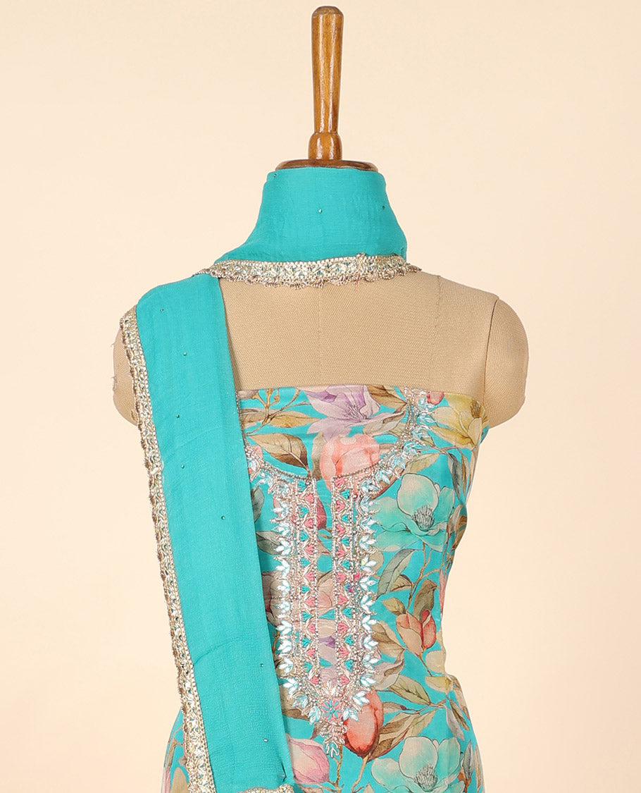 Blue material chudidhar set, floral printed & embroidered top, plain bottom & embroidered dupatta
