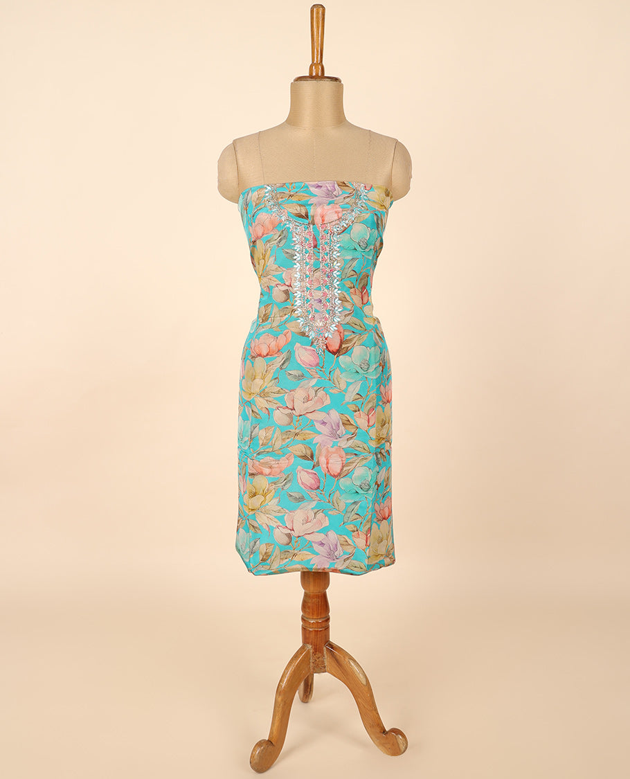 Blue material chudidhar set, floral printed & embroidered top, plain bottom & embroidered dupatta