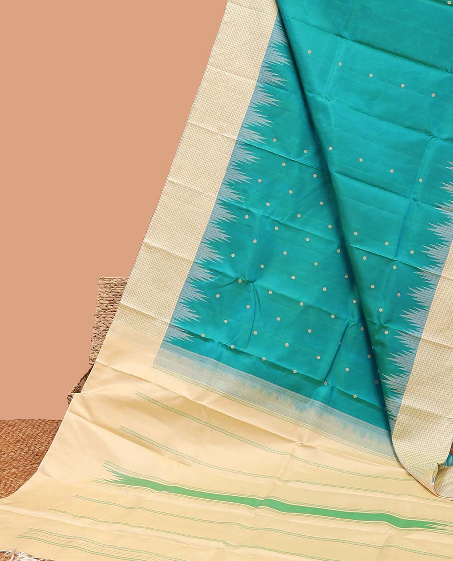 Blue buttas kanchipuram silk saree, contrast rekku border of checked design & striped pallu