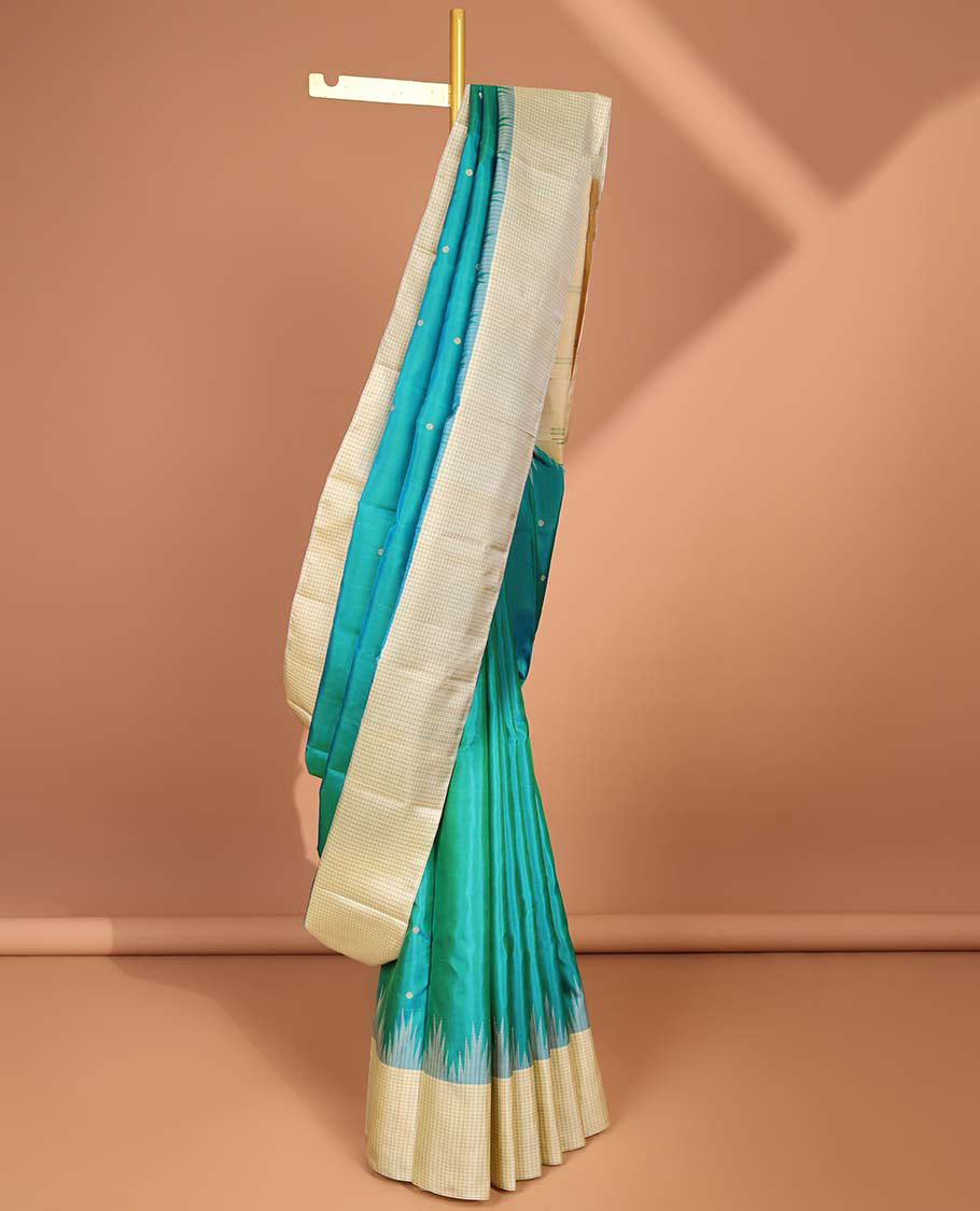 Blue buttas kanchipuram silk saree, contrast rekku border of checked design & striped pallu