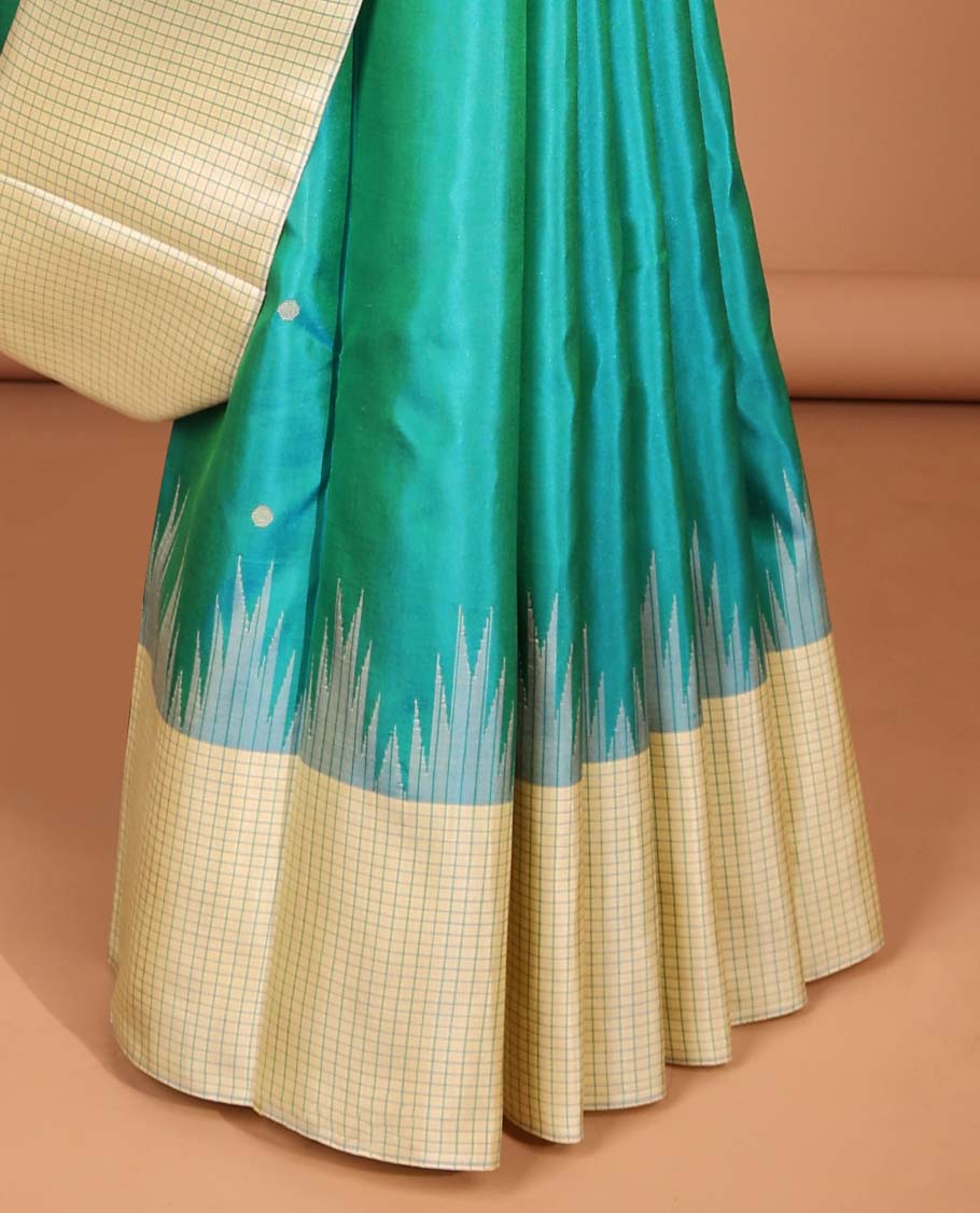 Blue buttas kanchipuram silk saree, contrast rekku border of checked design & striped pallu