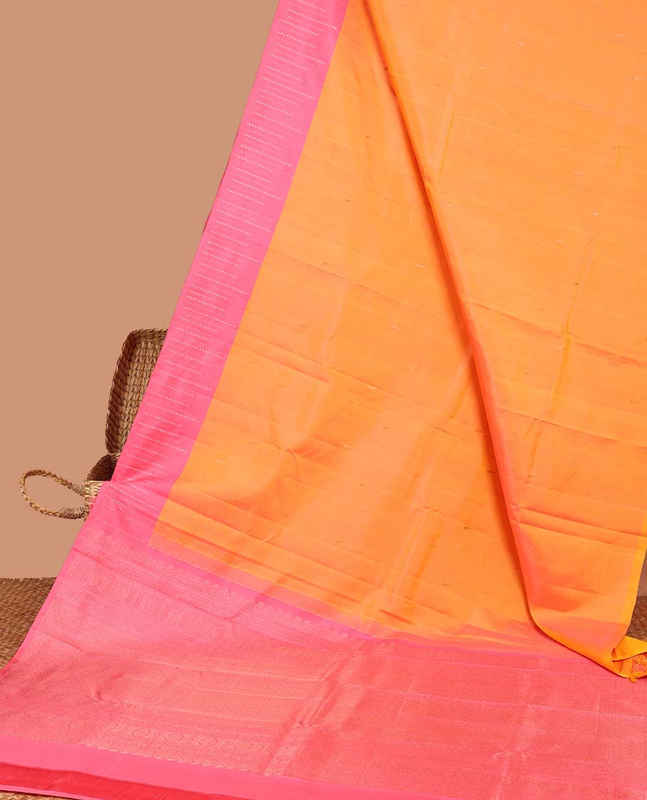 Orange buttas Kanchipuram silk saree, contrast zari design border & pallu of intricate designs in zari
