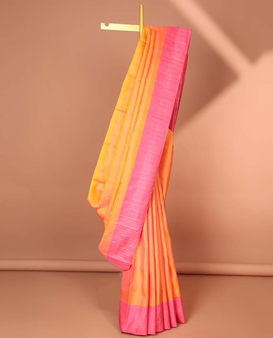 Orange buttas Kanchipuram silk saree, contrast zari design border & pallu of intricate designs in zari