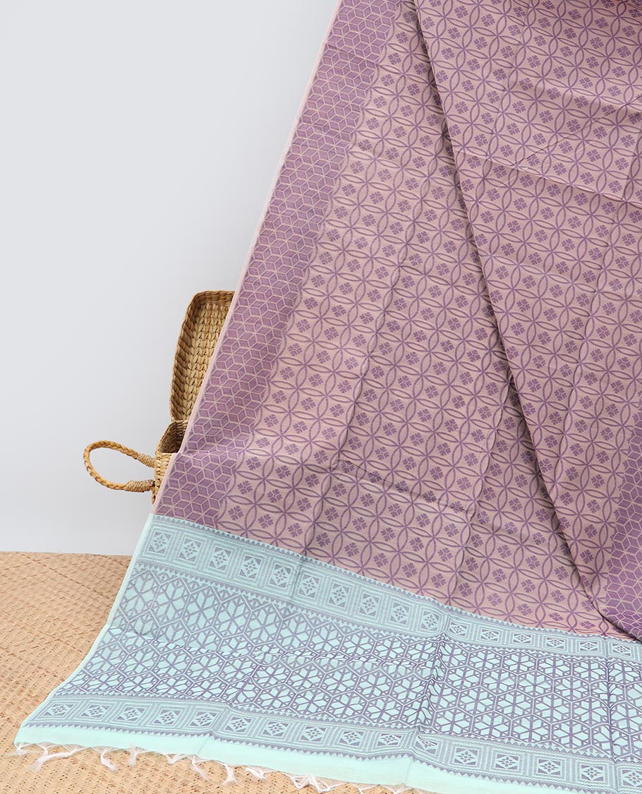 Sandal intricate design semi-silk cotton saree, geometric patterned border & contrast floral design pallu