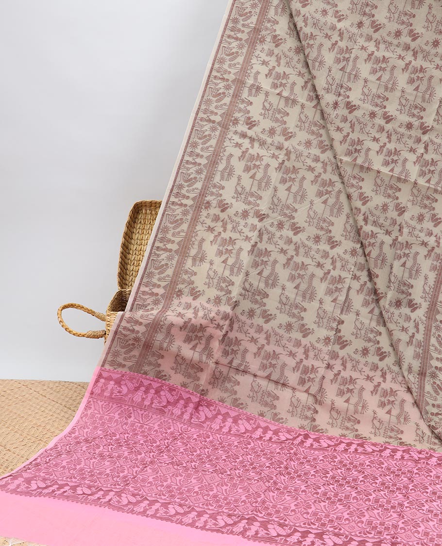 Beige warli motifs semi-silk cotton saree, warli border & contrast intricate design pallu