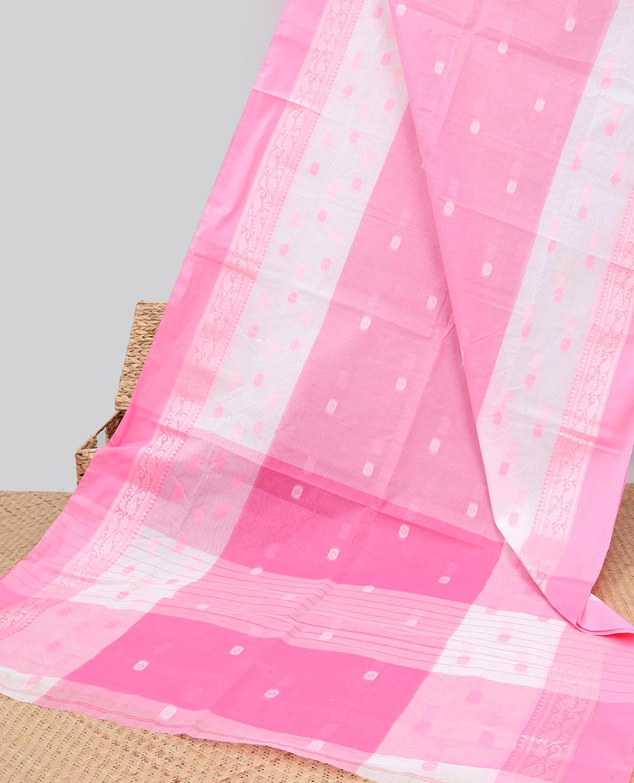 Pink buttas Bengal cotton saree, paisley design border & striped & buttas pallu