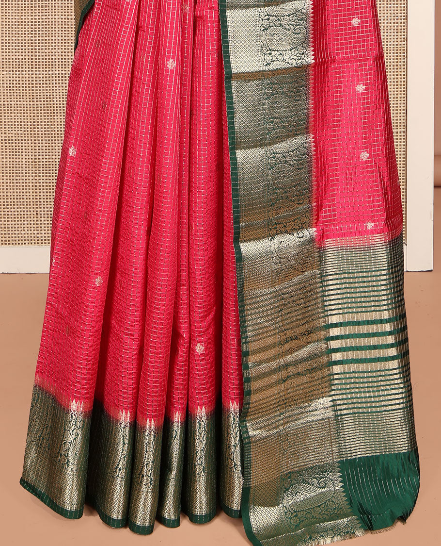 Red Dupion Silk Saree, Detailed with Zari Buttas and Micro-Checks, Complemented by a Contrast Traditional Zari Design Border, Zari Striped Pallu, and Has a Contrast Blouse