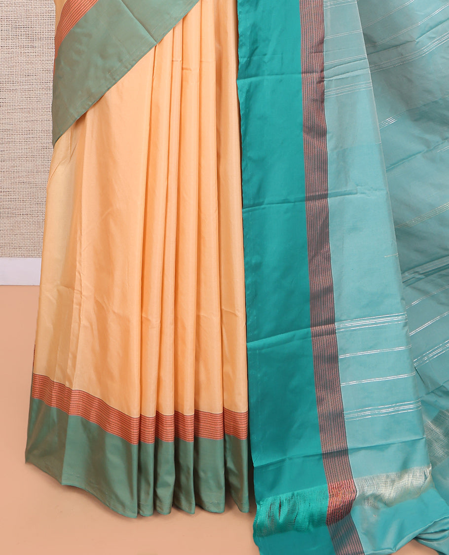 Orange Plain Arani Saree, a Contrast Border, Striped Pallu, and a Contrast Blouse