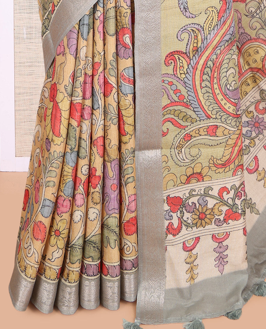 Light Sandal Kalamkari Printed Fancy Tussar Saree