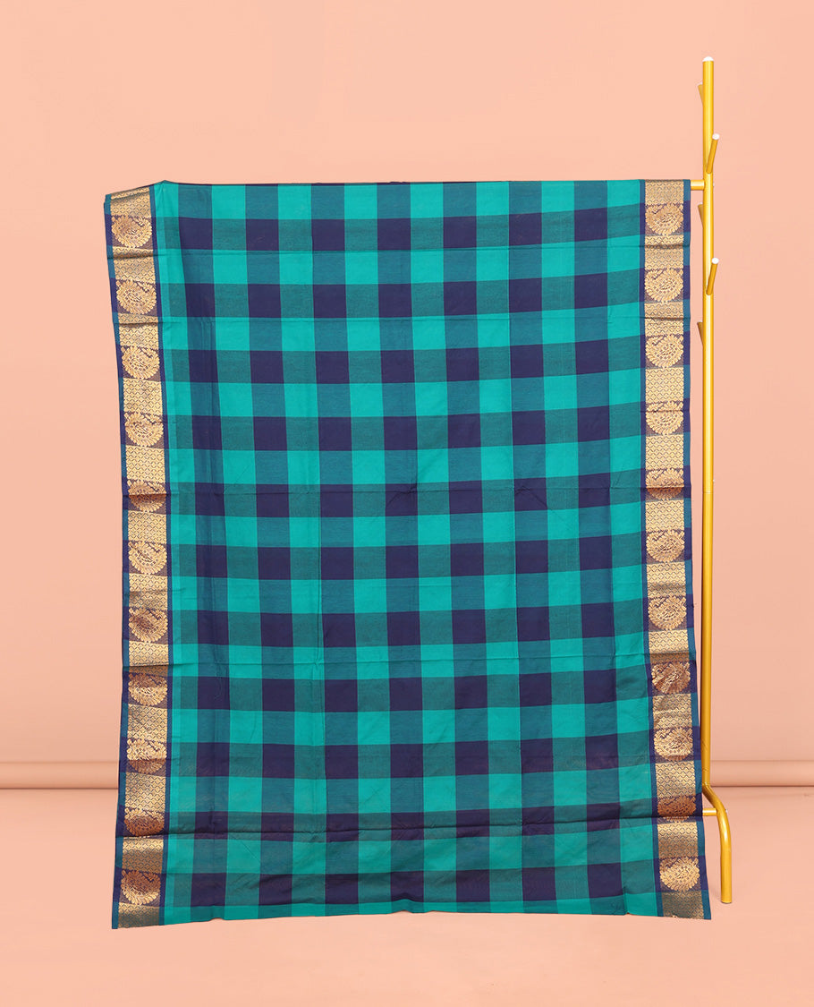 Dark Blue-Light Blue Chettinad Cotton Saree, Elevated with Checks, Highlighted by Traditional Paisley Border, Striped Pallu, and No Blouse