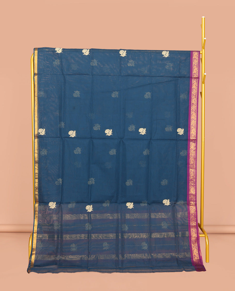 Blue Venkatagiri Cotton Saree, Bedecked with Peacock Buttas and Checks, a Contrast Traditional Zari Border, Pallu of Stripes, and No Blouse