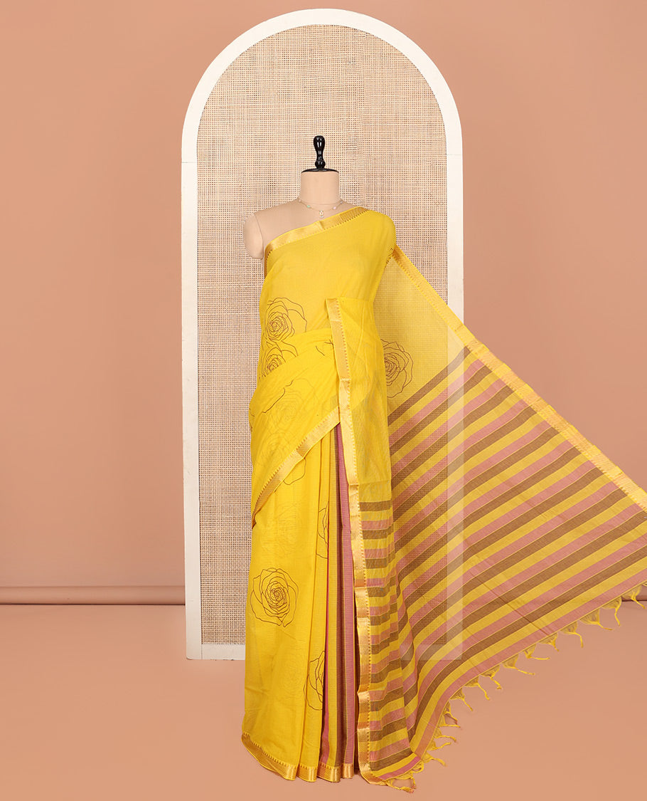 Yellow Striped Andhra Cotton Saree, Bedecked with Floral Motifs Print, Highlighted by a Temple Zari Border, Contrast Striped Pallu, and a Contrast Blouse