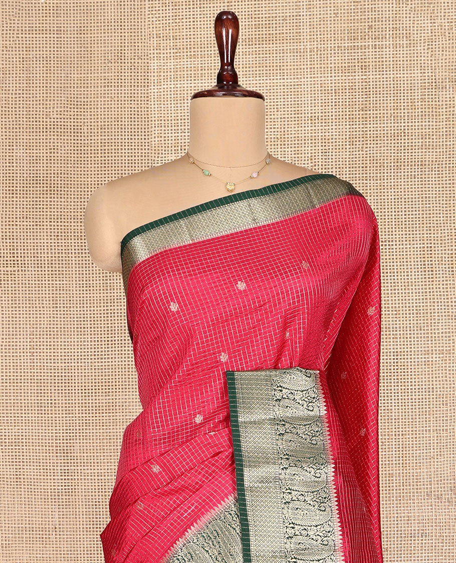 Red Dupion Silk Saree, Detailed with Zari Buttas and Micro-Checks, Complemented by a Contrast Traditional Zari Design Border, Zari Striped Pallu, and Has a Contrast Blouse