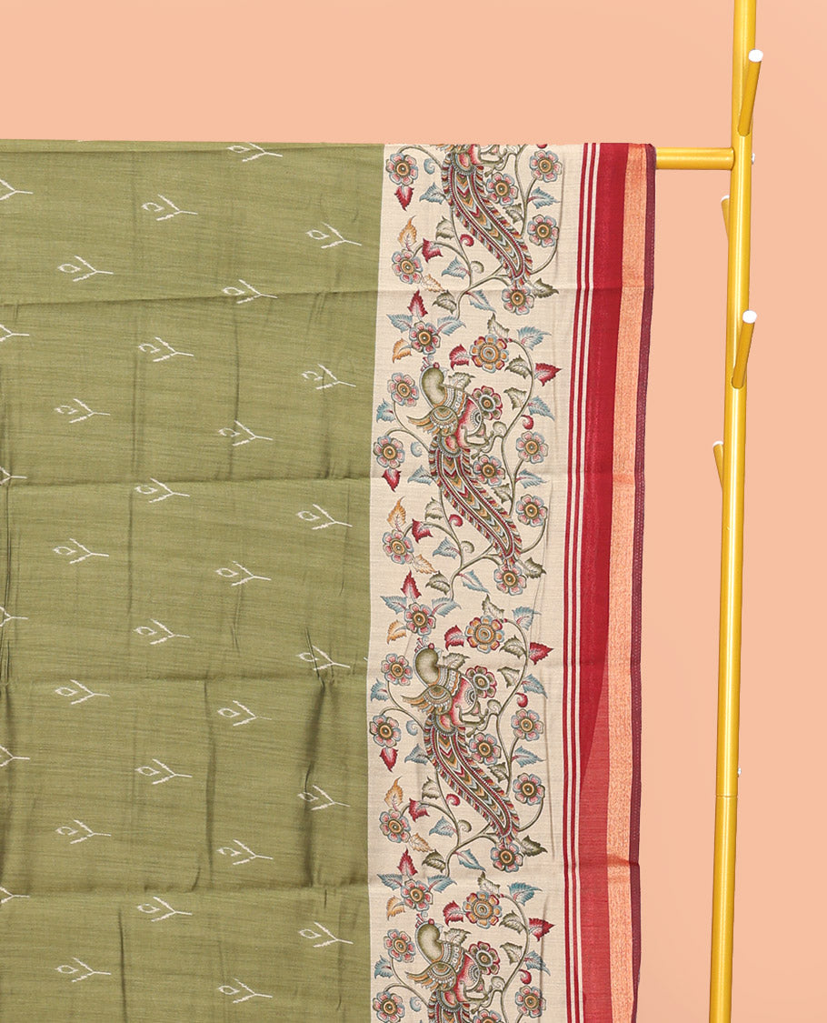 Green Mul Mul Cotton Saree, Enriched with Ikat Buttas, Contrast Kalamkari Floral-Peacock Border, Kalamkari Printed Pallu, and a Contrast Blouse