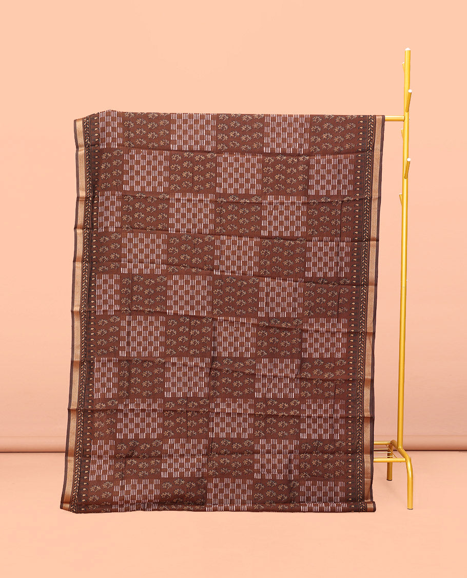 Brown Kanchi Cotton Saree, Detailed with Floral Motifs and Geometric Patterns All Over Its Body, a Subtle Self-Border, Pallu of Floral Designs, and Paired with a Matching Blouse