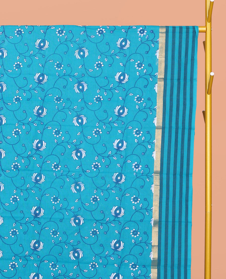 Blue Chirala Cotton Saree, Detailed with a Floral Vine Print, Striped Border, Printed Pallu, and a Matching Blouse