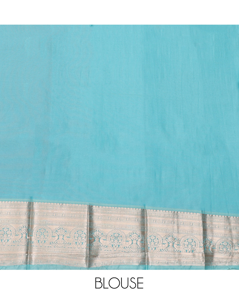 Rust Budget Silk Saree, Detailed with Zari Buttas, Complemented by Contrast Traditional Zari Border, Grand Pallu, and a Contrast Blouse