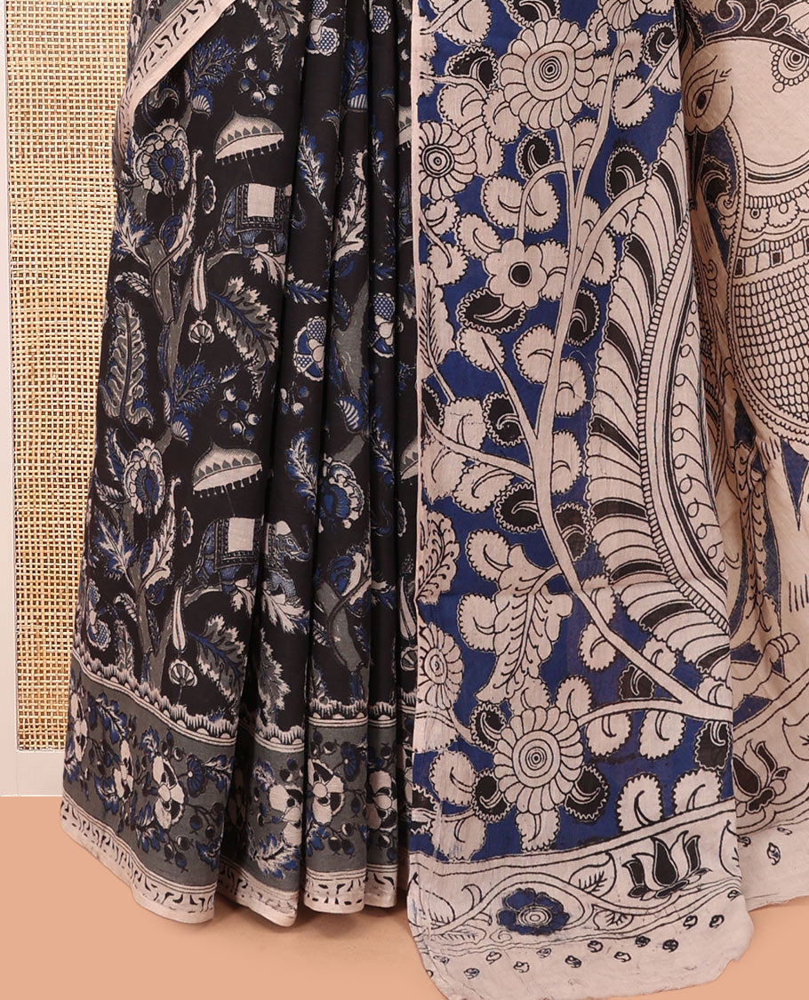 Black Kalamkari Cotton Saree, Elevated with Animal and Floral Motif Print, Complemented By Printed Border, Kalamkari Peacock Motifs Pallu, and a Matching Blouse