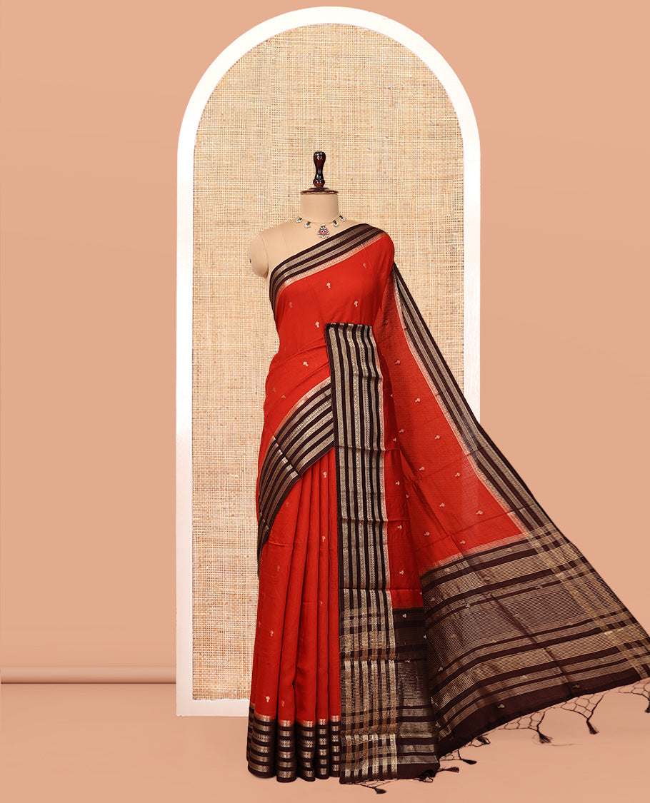 Rust Assam Silk Saree, Detailed with Zari Buttas, Complemented by a Contrast Traditional Zari Border, Striped Pallu, and a Contrast Blouse