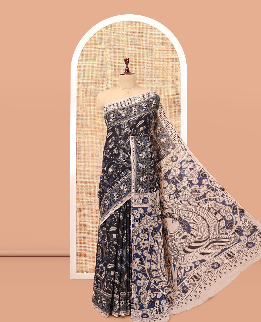 Black Kalamkari Cotton Saree, Elevated with Animal and Floral Motif Print, Complemented By Printed Border, Kalamkari Peacock Motifs Pallu, and a Matching Blouse