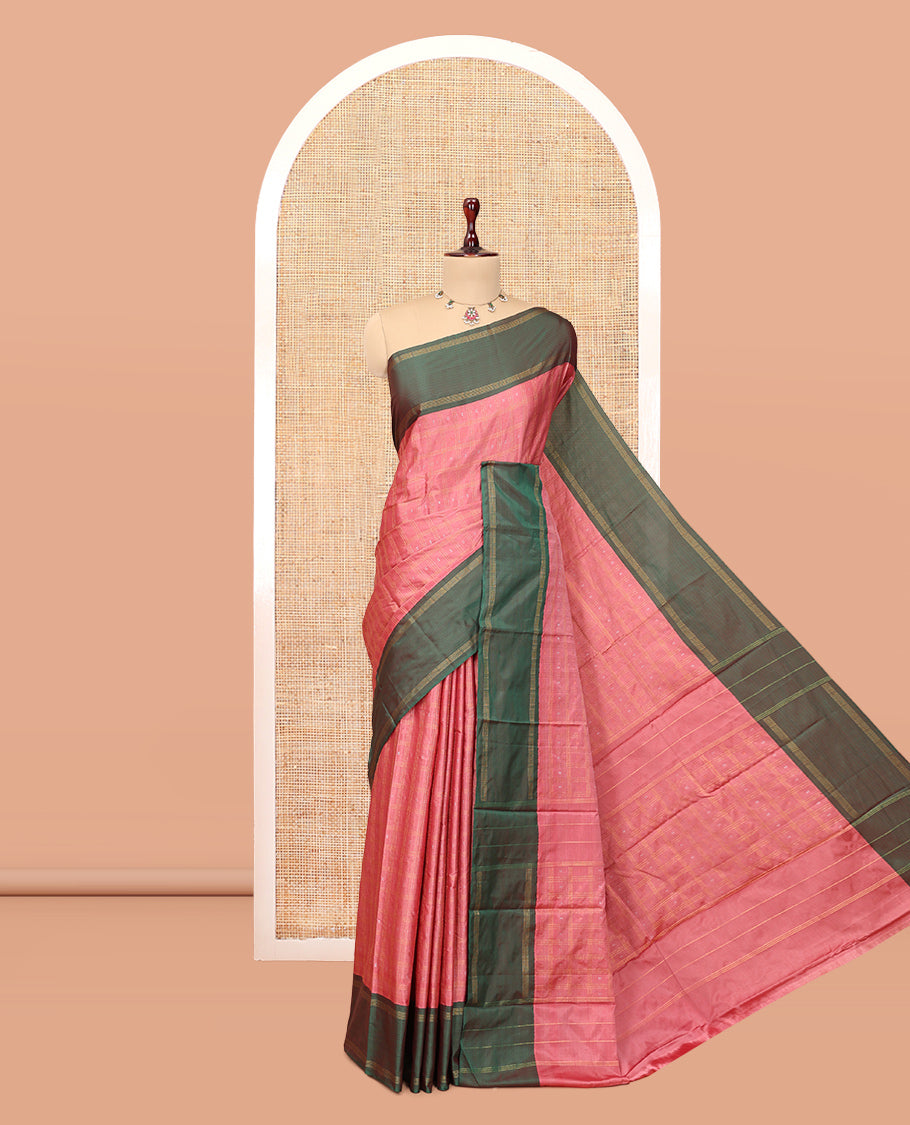 Peach Arani Saree, Subtly Sparkled with Butta Enclosed Checks, a Contrast Bodi Border, Self-Pallu, and a Matching Blouse