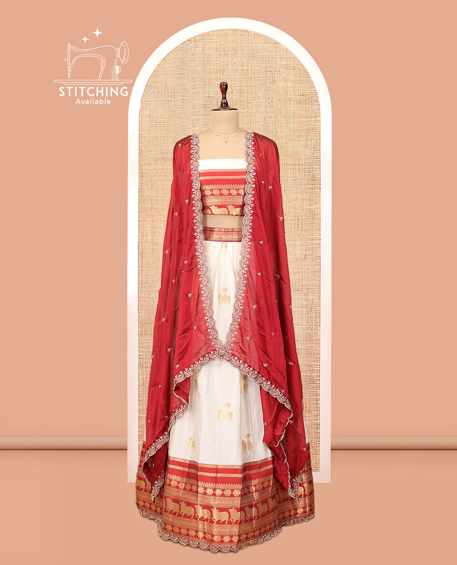White-Red Banaras Half-Saree