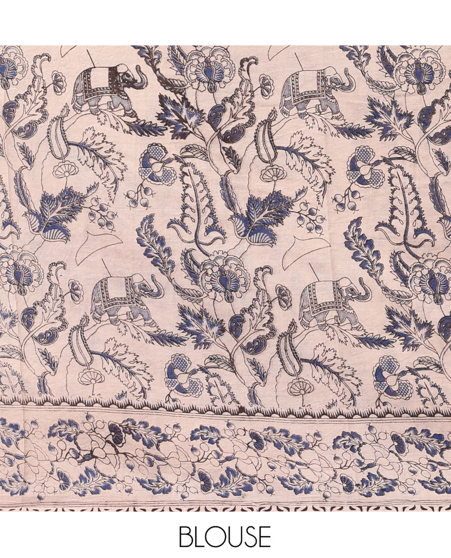 Black Kalamkari Cotton Saree, Elevated with Animal and Floral Motif Print, Complemented By Printed Border, Kalamkari Peacock Motifs Pallu, and a Matching Blouse