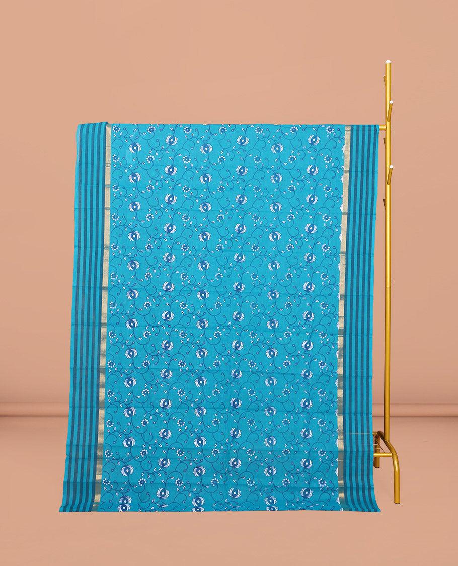 Blue Chirala Cotton Saree, Detailed with a Floral Vine Print, Striped Border, Printed Pallu, and a Matching Blouse
