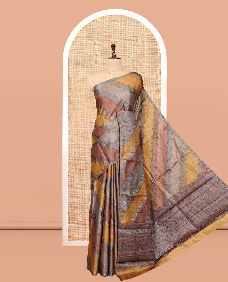 Borderless Multi-Color Tussar Silk Saree, Gleamed Up with Rankat-Style Diagonal Zari Stripes, Sparsely Woven Pallu, and a Matching Blouse