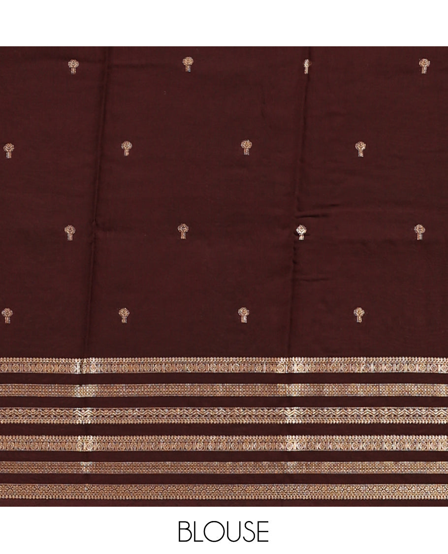 Rust Assam Silk Saree, Detailed with Zari Buttas, Complemented by a Contrast Traditional Zari Border, Striped Pallu, and a Contrast Blouse