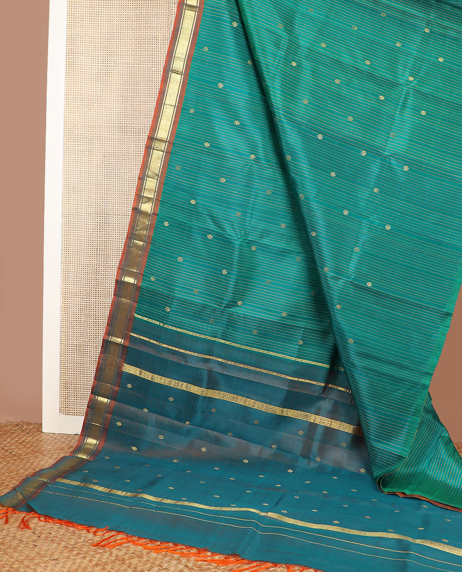 Green striped & zari buttas kanchipuram silk saree, contrast one-sided border of banaras & vanki design & zari design pallu