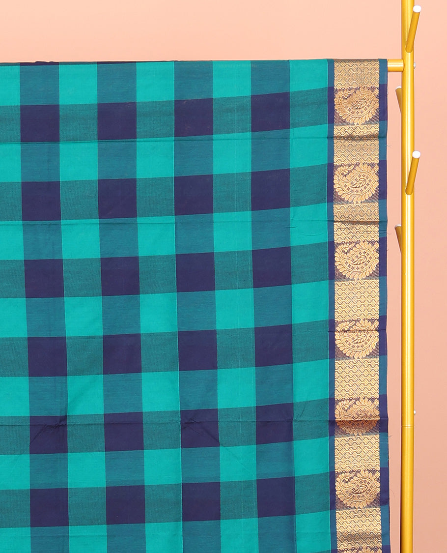 Dark Blue-Light Blue Chettinad Cotton Saree, Elevated with Checks, Highlighted by Traditional Paisley Border, Striped Pallu, and No Blouse