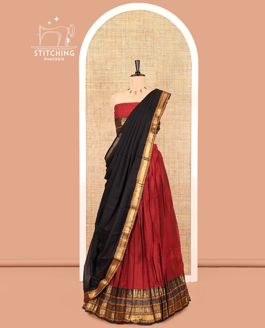 Red-Black Chettinad Cotton Saree Features a Plain Skirt, a Contrast Traditional Zari Border, Matching Blouse, and Contrast Syska Georgette Dhavani