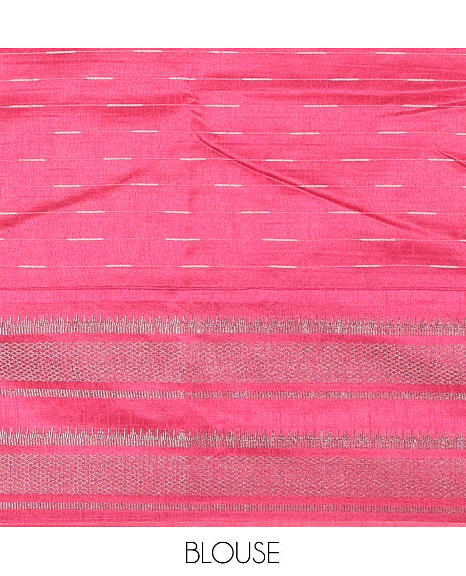 Grey Semi-Raw Silk Saree, Subtly Sparkled with Thread Stripes, a Contrast Traditional Zari Border, Checked Pallu, a Contrast Blouse