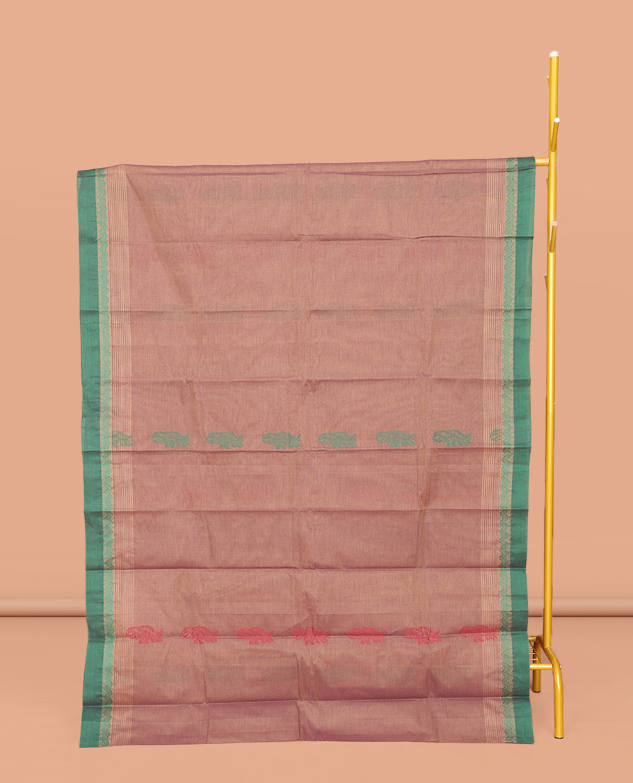 Brown Kanchi Cotton Saree, Subtly Threaded with Floral Buttas All Over Its Body, Complemented by Contrast Border, Pallu of Floral Designs, and Paired with a Matching Blouse