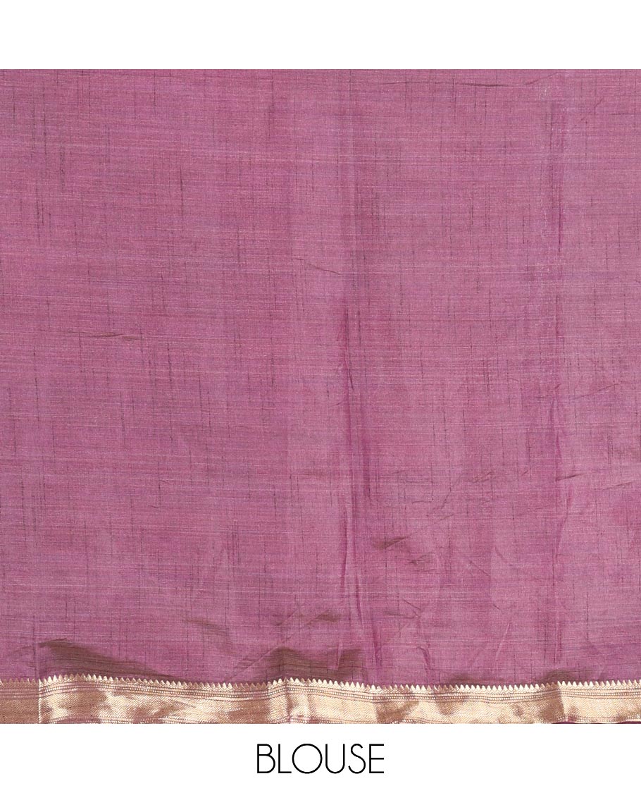 Purple Semi-Tussar Saree Subtly Sparked with Hexagonal Geometric Patterns Printed All Over Its Body, Featuring Traditional Zari Design Border, Gleaming Zari Striped Pallu, and a Matching Blouse